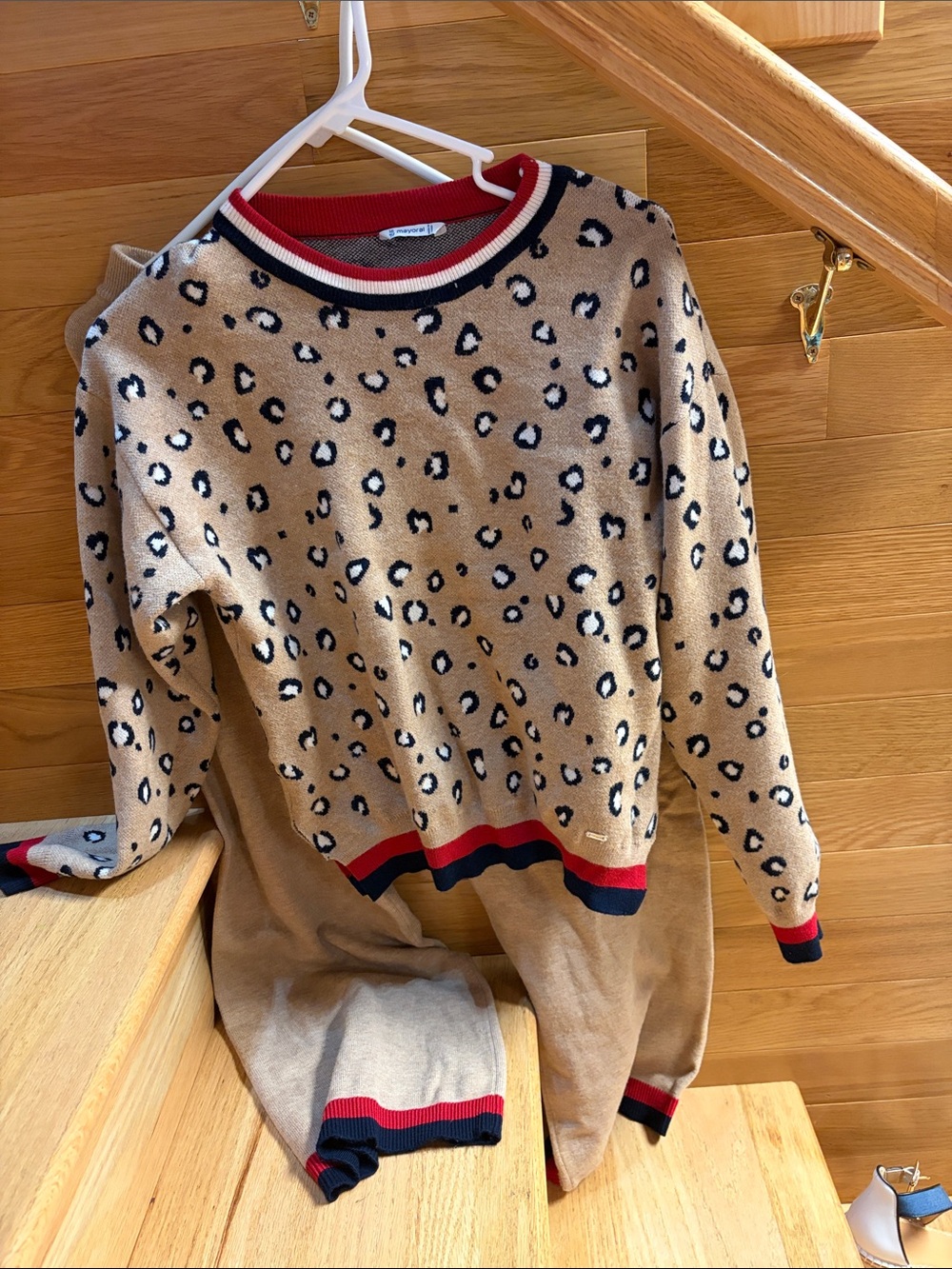 Mayoral Tan Leopard Print Pajama Set with Red & Navy Trim